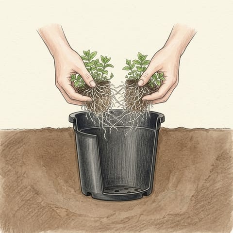 A mint clump lifted out of its sunken pot and pulled apart by hand