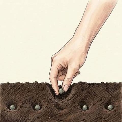 A hand pressing okra seeds into warm garden soil