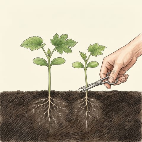 Young okra seedlings, a weaker one being snipped off
