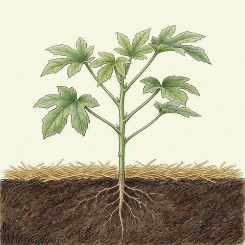 A young okra plant with large lobed leaves and straw mulch