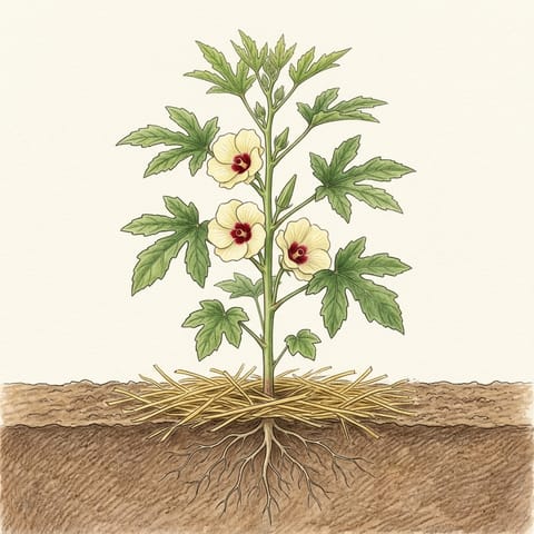 An okra plant with pale yellow flowers with dark red centres
