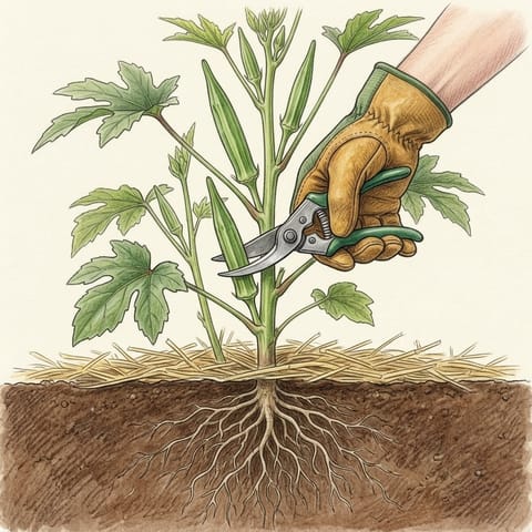 A gloved hand cutting a young okra pod with secateurs
