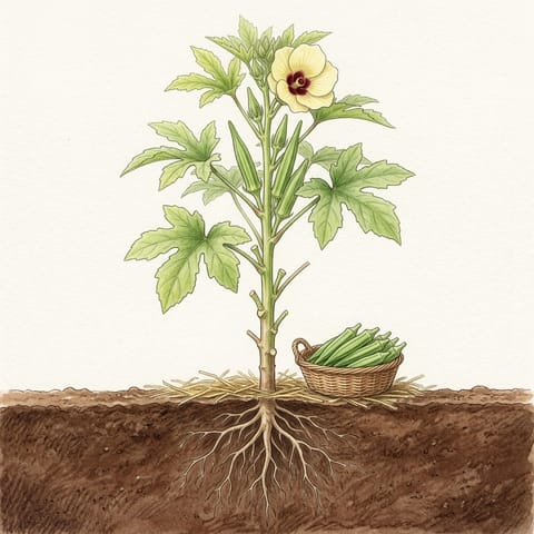 A basket of young okra pods beside the tall plant