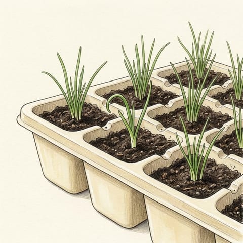Young onion seedlings like fine grass in a tray