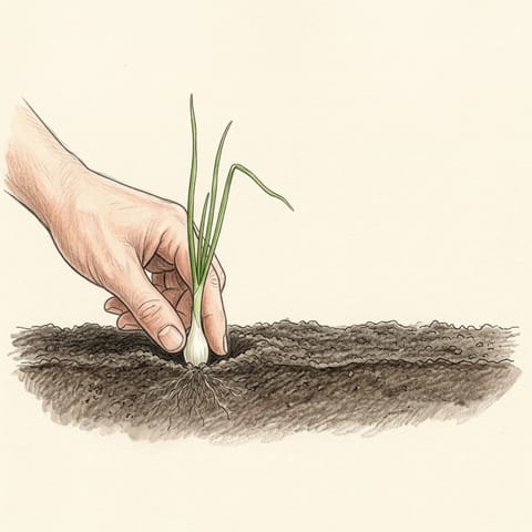 A slim onion seedling planted shallowly in garden soil