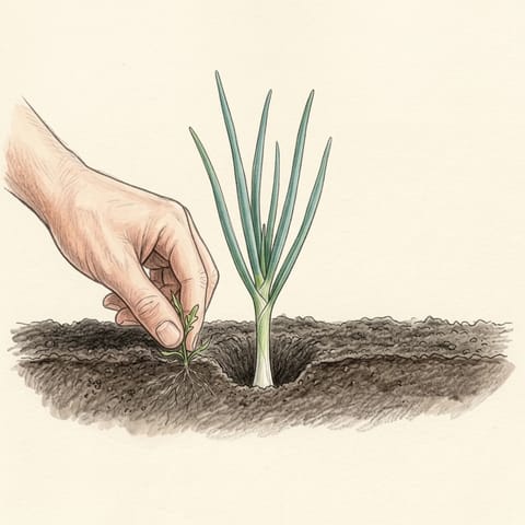 An upright young onion plant in weeded soil