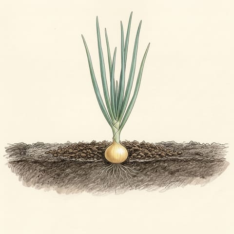 An onion plant with its base starting to swell into a bulb