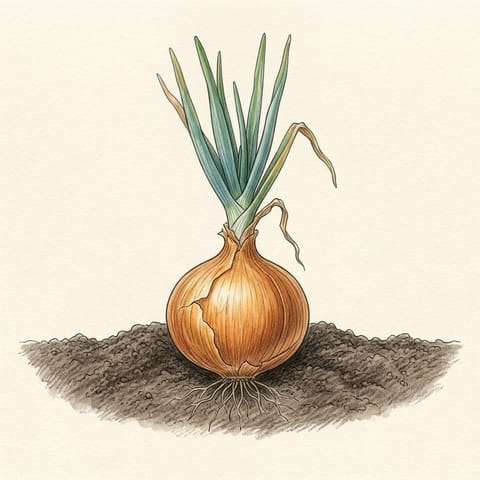 A large round onion sitting on the soil surface
