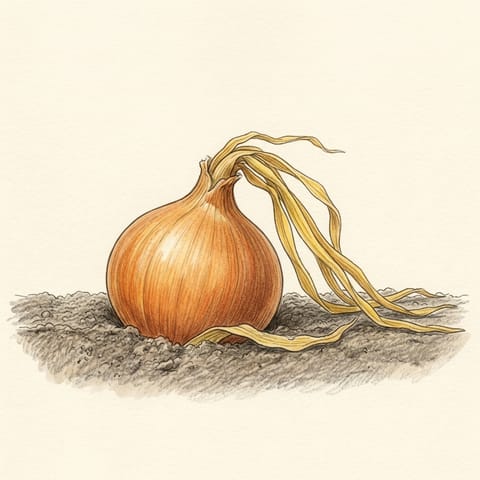 A ripe onion with its yellowing leaves fallen over
