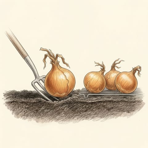 A fork lifting an onion beside onions drying on a rack