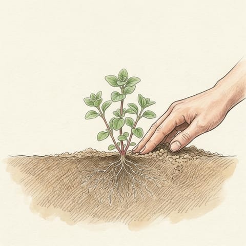 A small oregano plant being planted in a garden bed