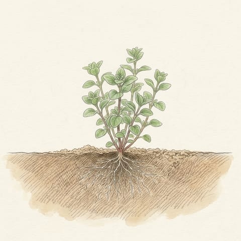 A young oregano plant putting out new shoots in a garden bed