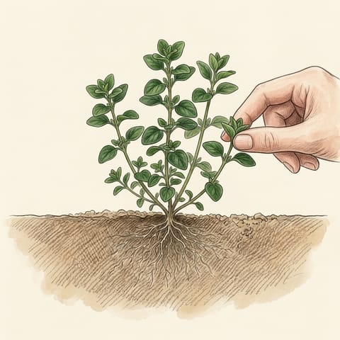 Fingers pinching the tip off an oregano shoot