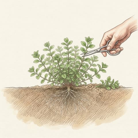 A hand with scissors snipping sprigs from a bushy oregano plant