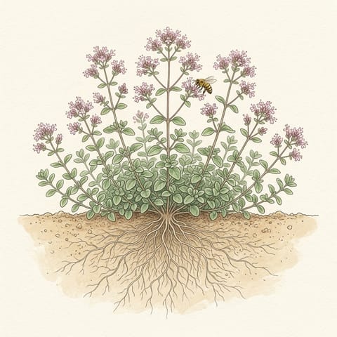 An oregano plant with clusters of small pink flowers and a bee