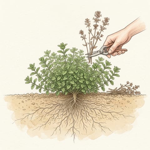 A hand with shears cutting faded flower stems off an oregano plant