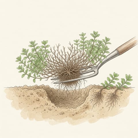 A garden fork lifting an old oregano clump with pieces split off to replant