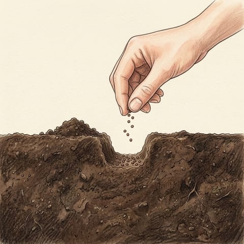 A hand sowing pak choy seeds thinly along a shallow row
