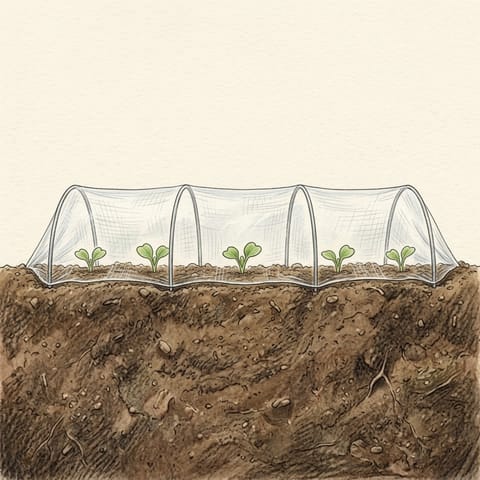 Tiny pak choy seedlings under fine insect mesh on hoops