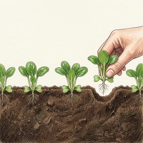 Fingers pulling a spare seedling from a row of young pak choy