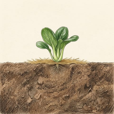 A young pak choy plant with straw mulch around it
