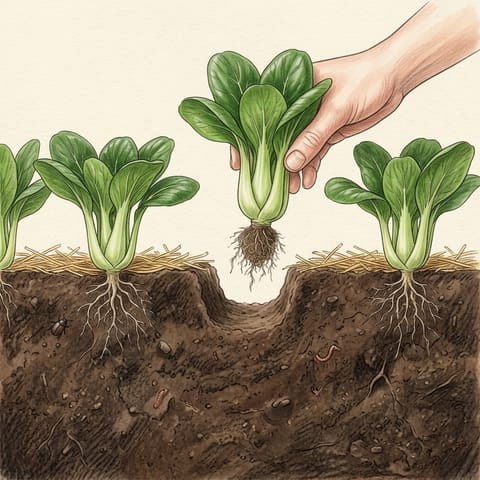 A hand lifting a whole young pak choy plant from the row