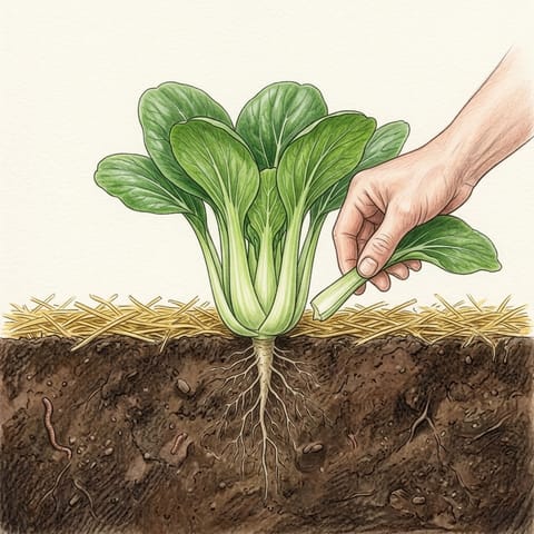 A hand snapping an outer leaf from a pak choy plant
