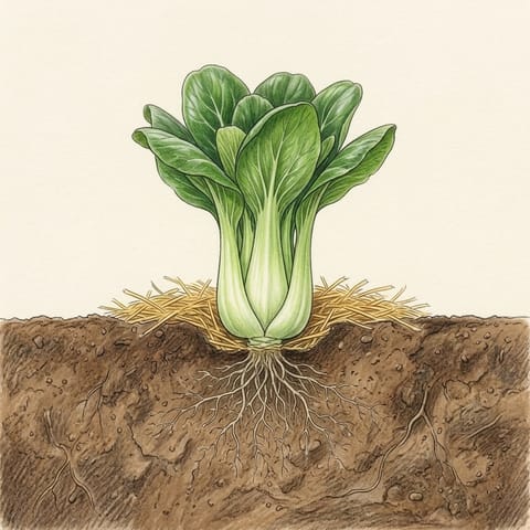 A full-grown pak choy with thick stems and glossy leaves