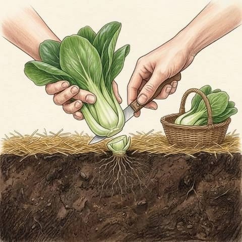 A hand cutting a whole pak choy at its base beside a basket