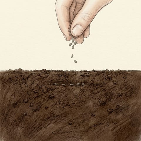 A hand sowing parsley seeds along a shallow row