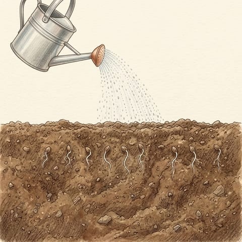 A watering can sprinkling a bare, freshly sown row
