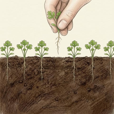 Fingers pulling a spare parsley seedling from the row