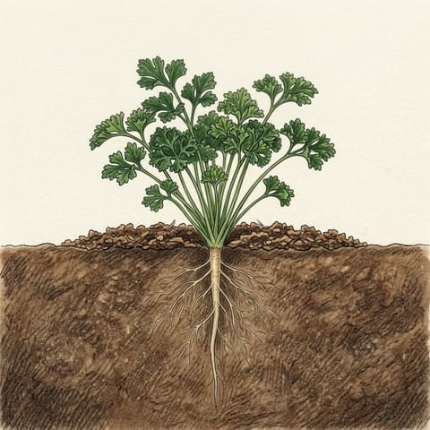 A young curly parsley plant with compost mulch around it