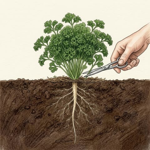 Scissors cutting an outer stem from a parsley plant