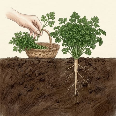 A large parsley clump beside a basket of cut stems