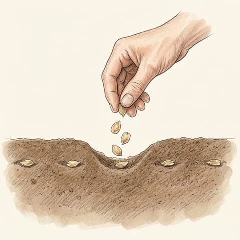 A hand dropping flat parsnip seeds into a shallow drill