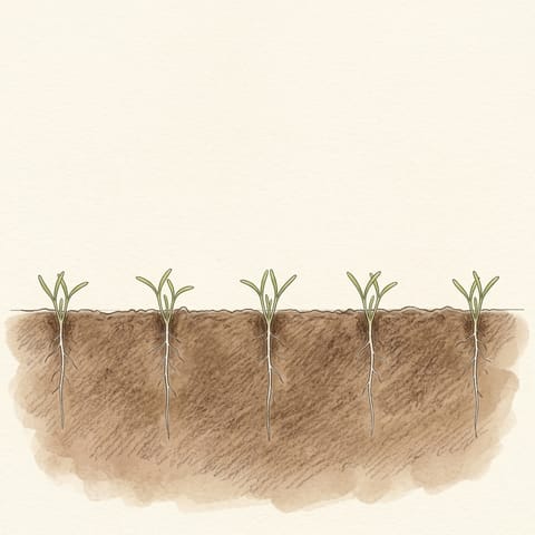 Tiny parsnip seedlings just through the soil