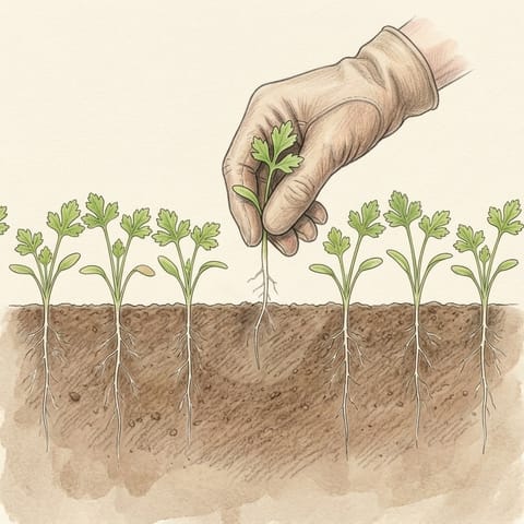 Gloved fingers pulling a spare parsnip seedling from the row