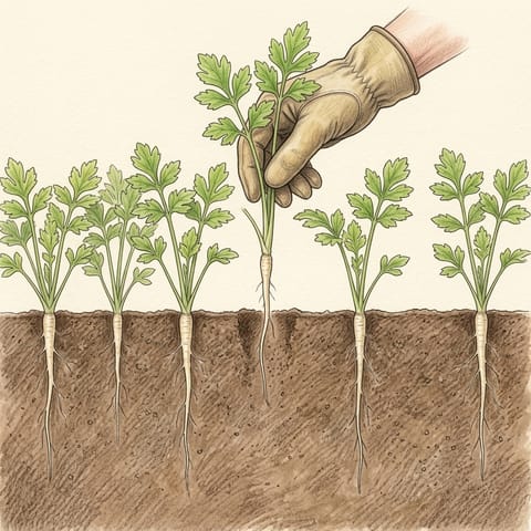 A gloved hand pulling a spare young parsnip, leaving single plants
