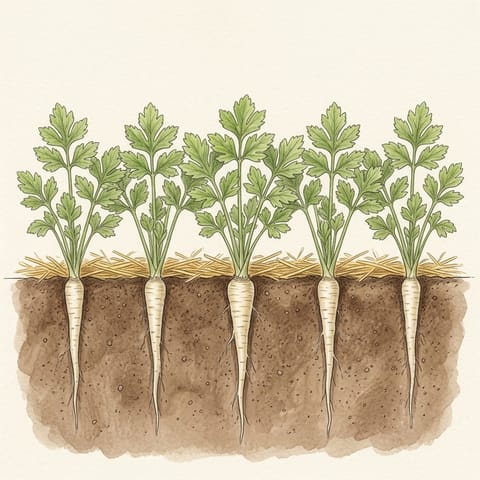 Young parsnip plants with straw on the soil between them
