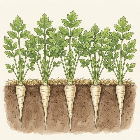 Parsnip roots thickening under tall leaves, straw between the plants