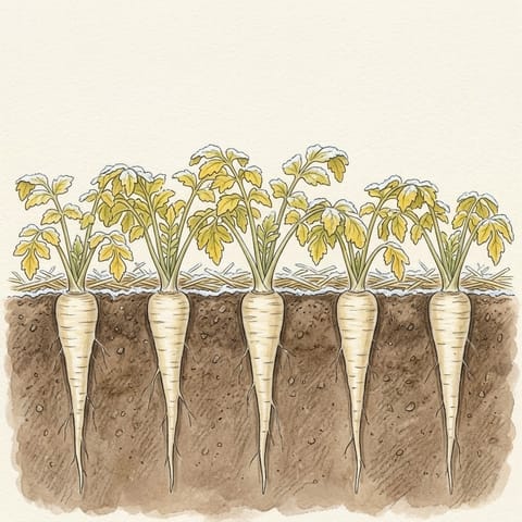 Full-sized parsnips in frosty soil below yellowing leaves