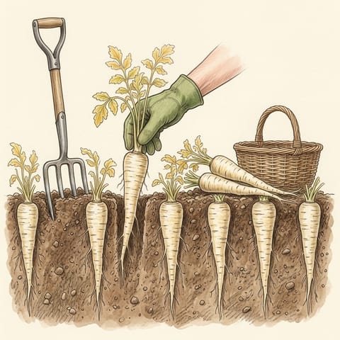 A gloved hand lifting a long parsnip beside a basket