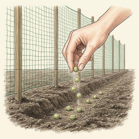 A hand dropping pea seeds into a shallow trench in front of netting