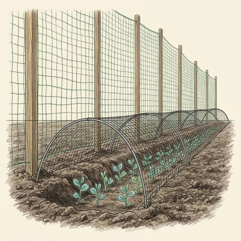 Young pea shoots under a low cover of bird netting