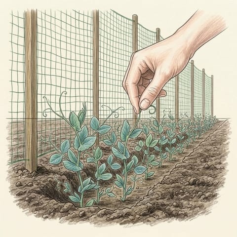 A hand guiding a pea tendril onto the netting