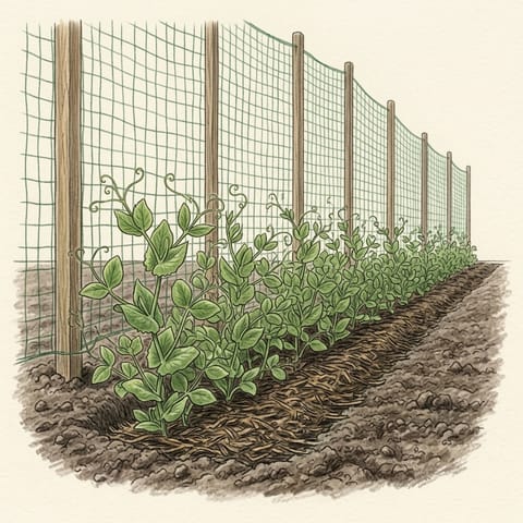 Leafy pea plants climbing netting, compost mulch along the row