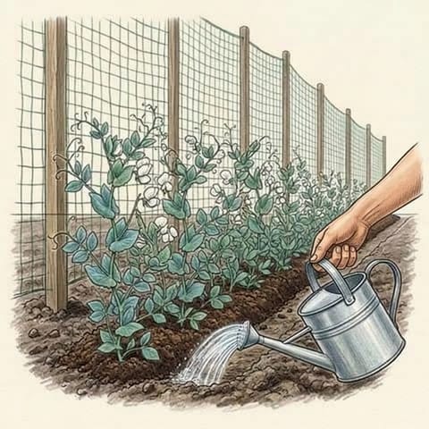 Pea plants in flower on netting, the row being watered