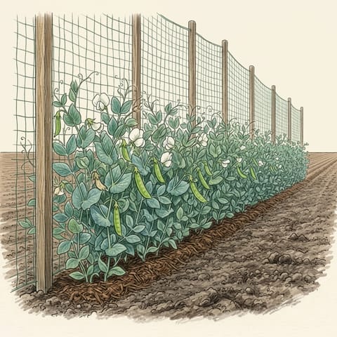 Small flat pea pods hanging below white flowers