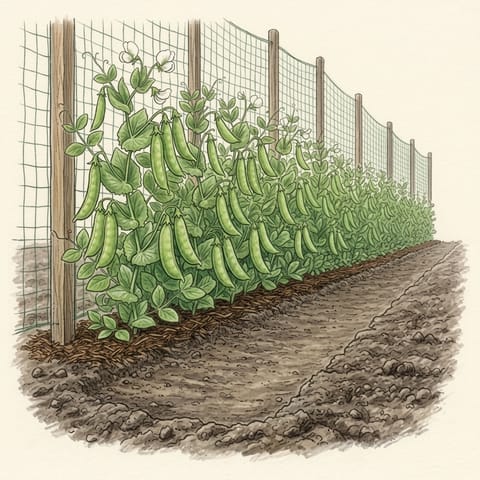Plump green pea pods hanging on tall plants